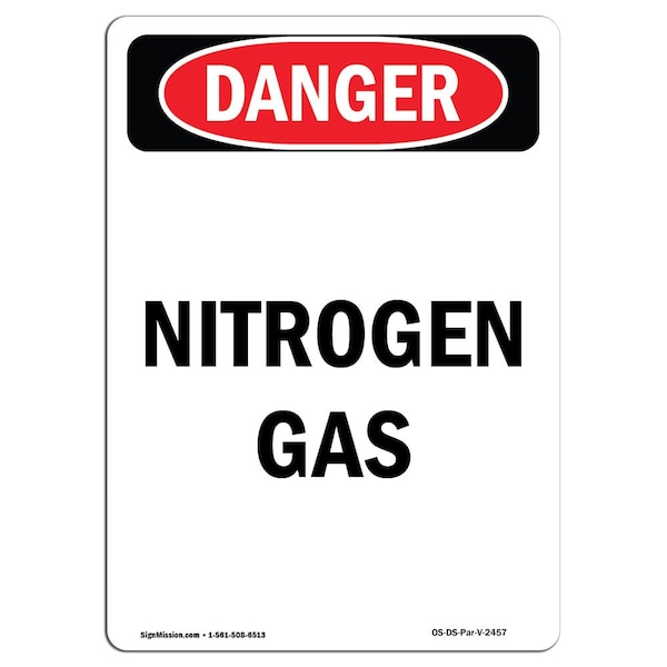 Safety Sign, OSHA Danger, 24" Height, Nitrogen Gas, Portrait, D-1824-V-2457